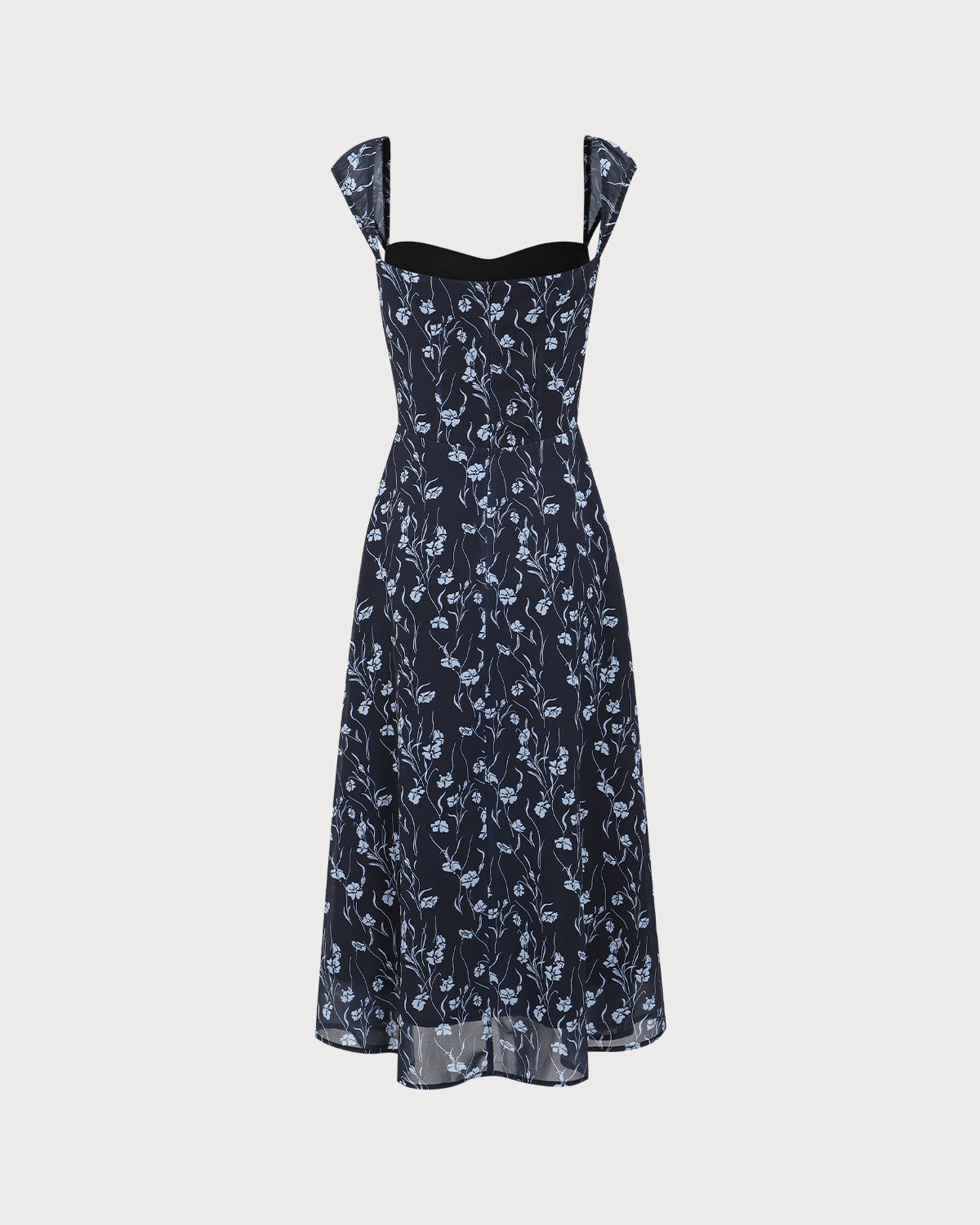Vestido Midi Floral Azul-Marinho com Decote Coração
