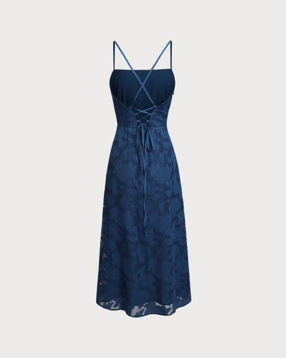 Vestido longo estilo slip em jacquard com costas abertas - Azul Marinho