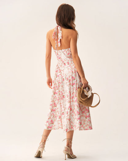 Vestido midi rosa com estampa floral e decote halter