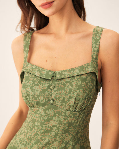 Vestido midi lencinho com decote quadrado e estampa floral verde