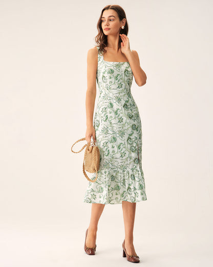 Vestido midi verde floral com decote quadrado