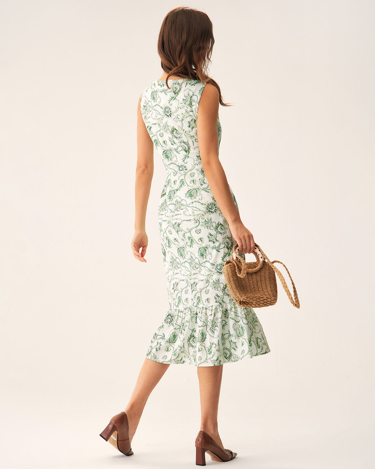 Vestido midi verde floral com decote quadrado