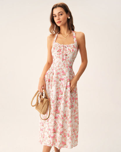Vestido midi rosa com estampa floral e decote halter