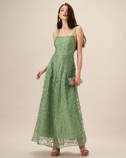 Vestido Slip Longo em Tule com Bordado Verde
