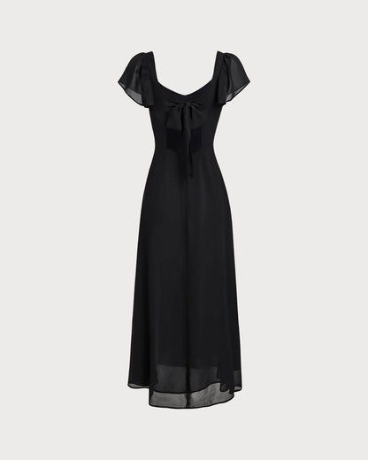 Vestido longo de chiffon com decote coração — Preto