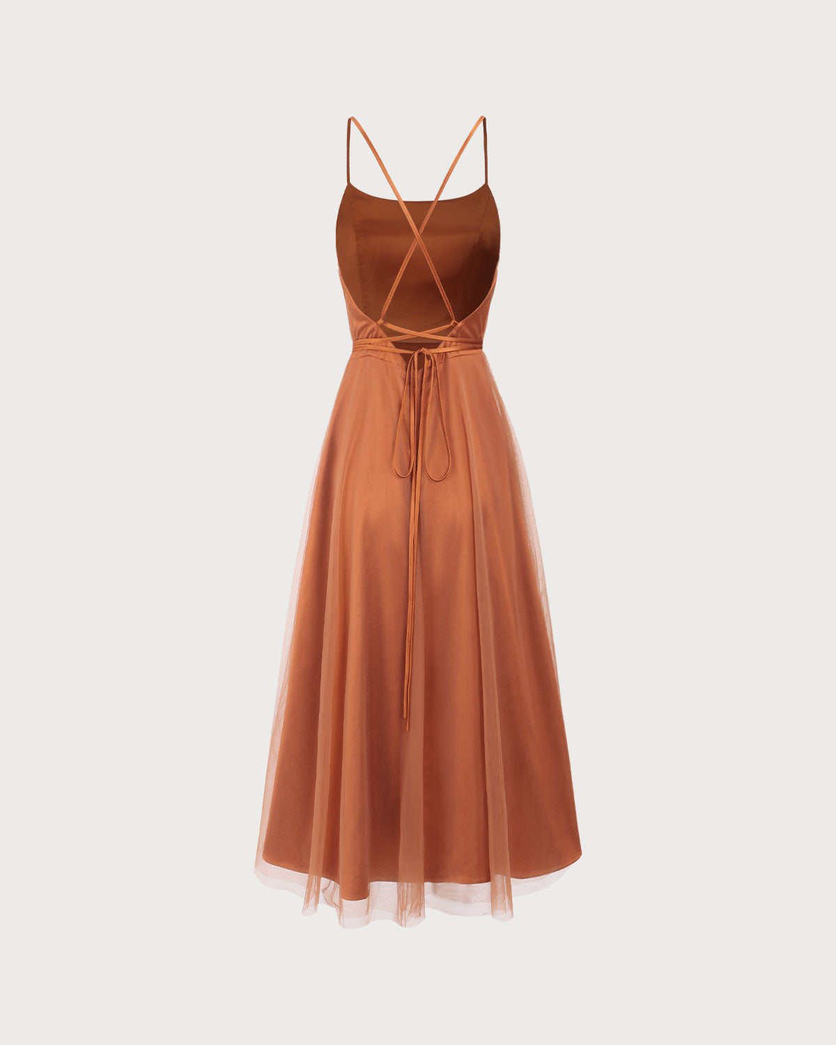 Vestido slip midi fluido em tule — Caramelo