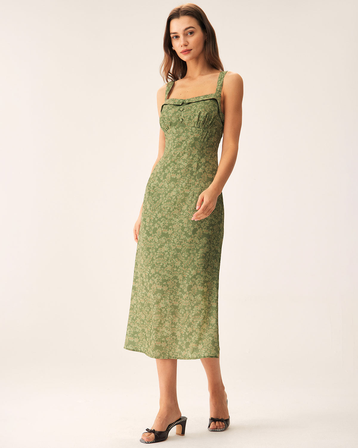 Vestido midi lencinho com decote quadrado e estampa floral verde