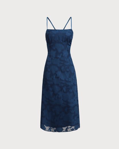 Vestido longo estilo slip em jacquard com costas abertas - Azul Marinho