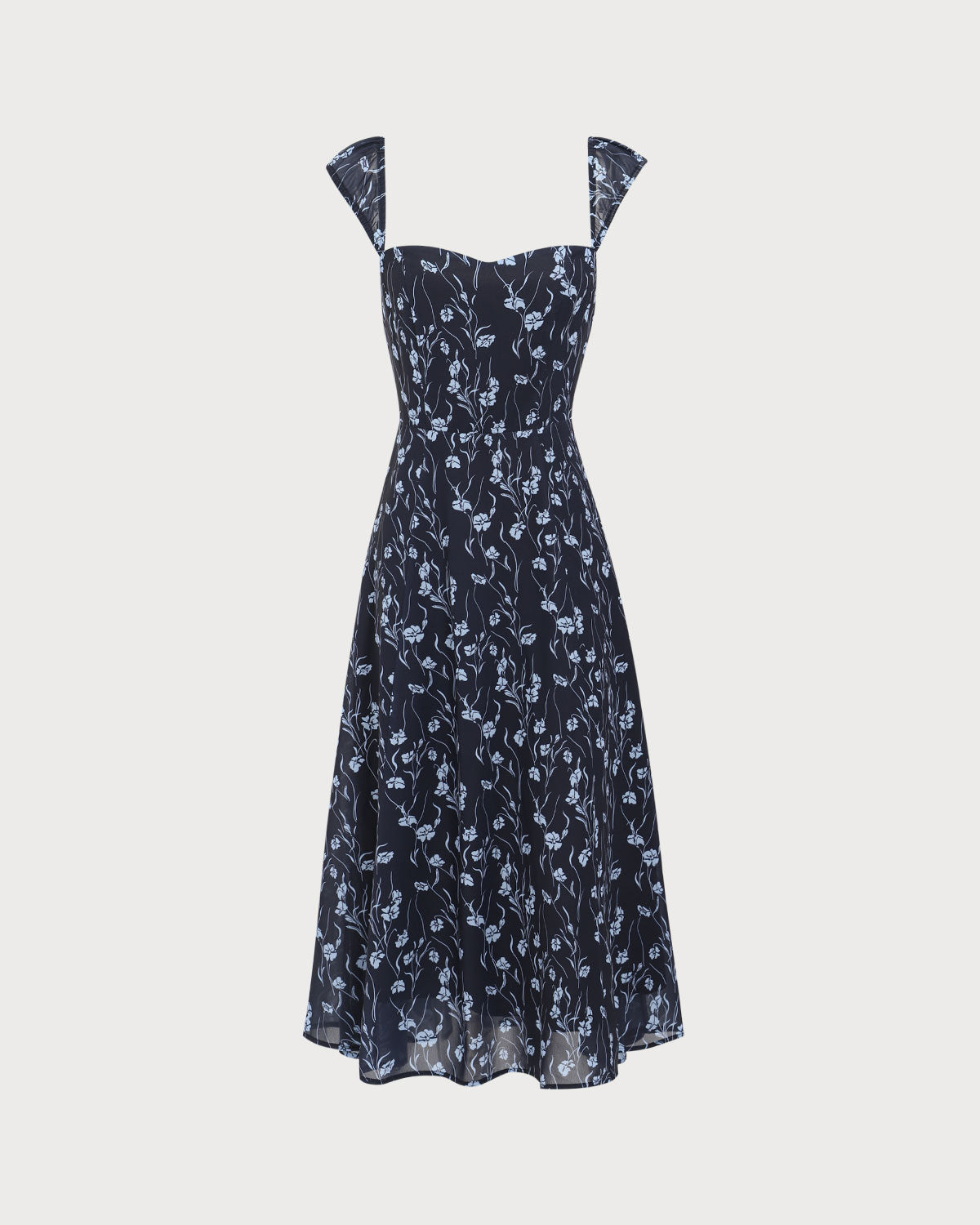 Vestido Midi Floral Azul-Marinho com Decote Coração