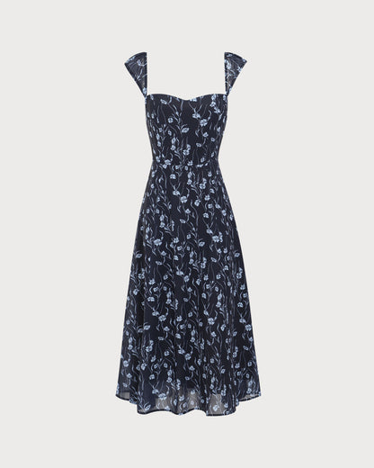Vestido Midi Floral Azul-Marinho com Decote Coração