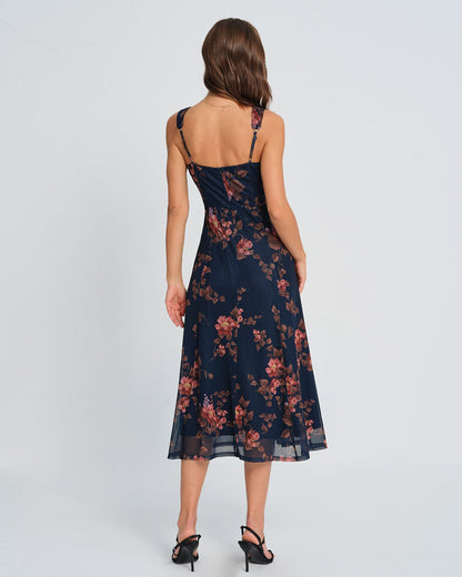 Vestido Slip Midi Floral Azul
