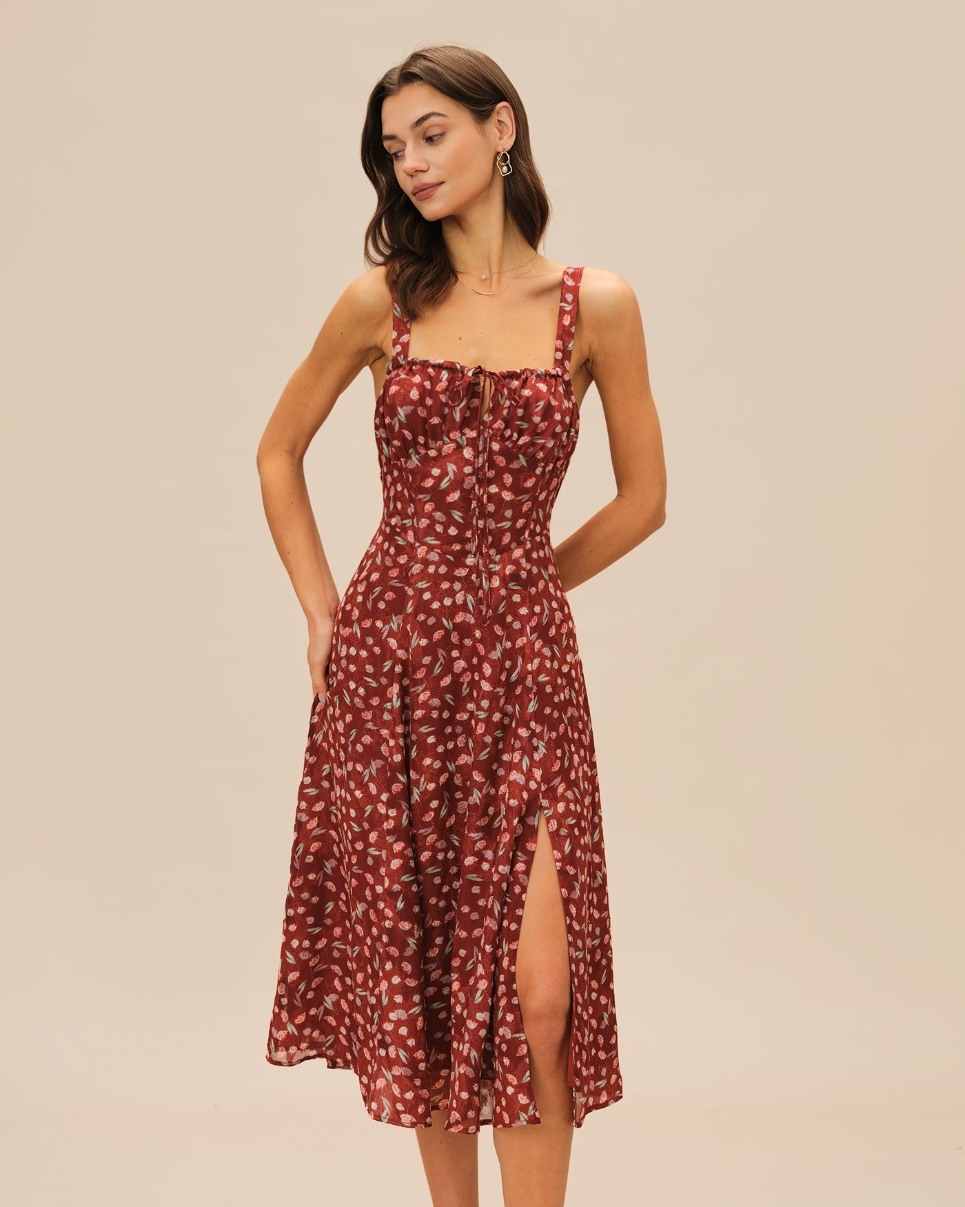 Vestido midi slip floral vinho