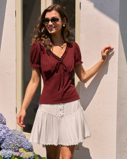 Camiseta texturizada com decote em V — Vinho