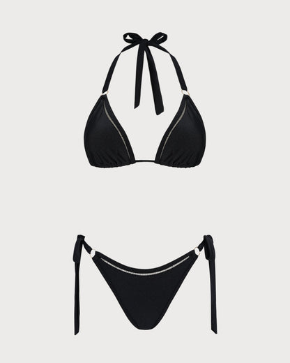 Conjunto de Biquíni Cortininha com Top Triangular e Argola O — Preto