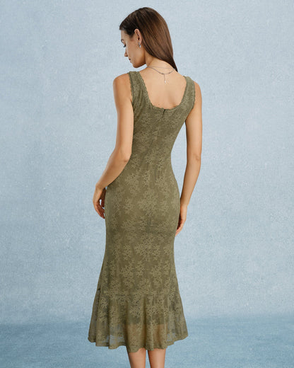 Vestido Midi Verde com Decote Quadrado e Renda Floral