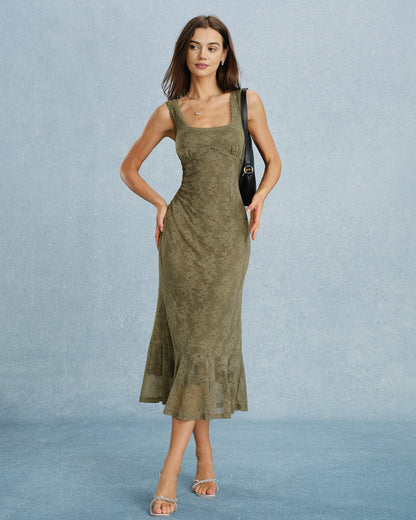 Vestido Midi Verde com Decote Quadrado e Renda Floral