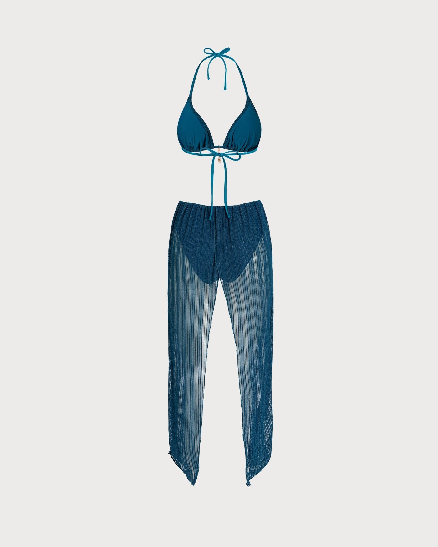 Conjunto de biquíni halter azul com lantejoulas e amarração