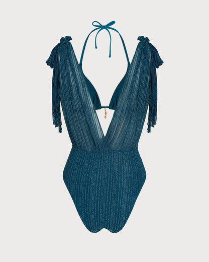 Conjunto de biquíni halter azul com lantejoulas e amarração
