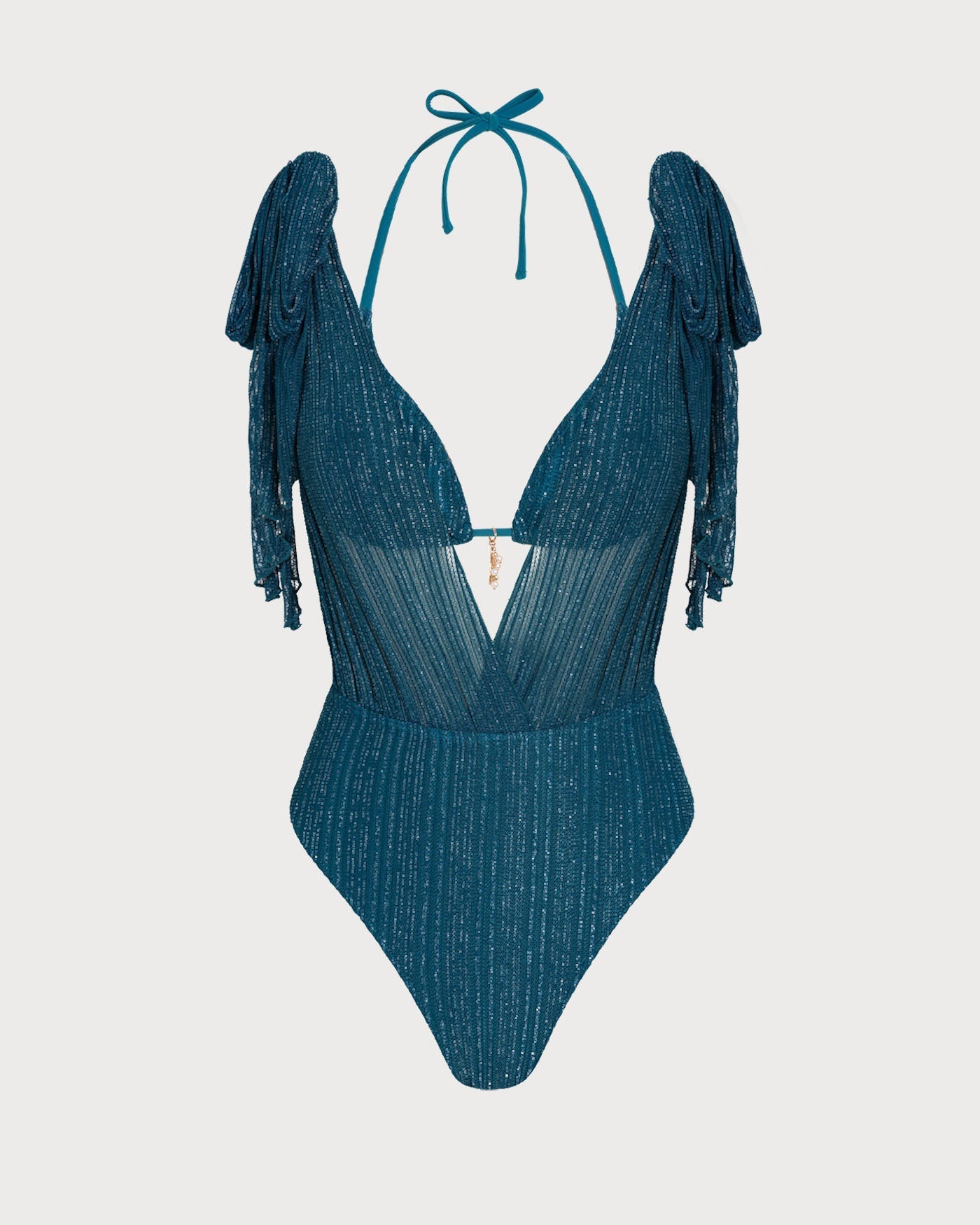 Conjunto de biquíni halter azul com lantejoulas e amarração