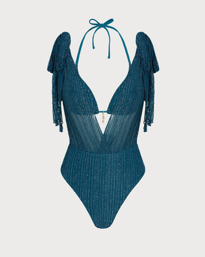 Conjunto de biquíni halter azul com lantejoulas e amarração