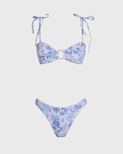 Biquíni triângulo branco com estampa floral e tiras para amarrar