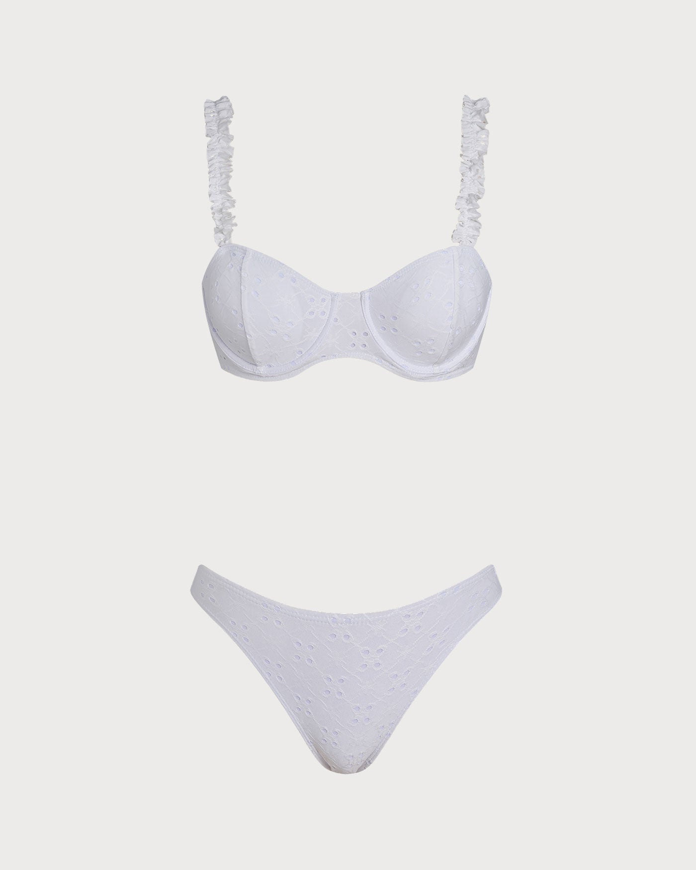 Conjunto de biquíni em jacquard branco com aro e cordão ajustável