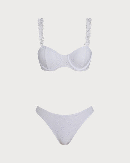 Conjunto de biquíni em jacquard branco com aro e cordão ajustável