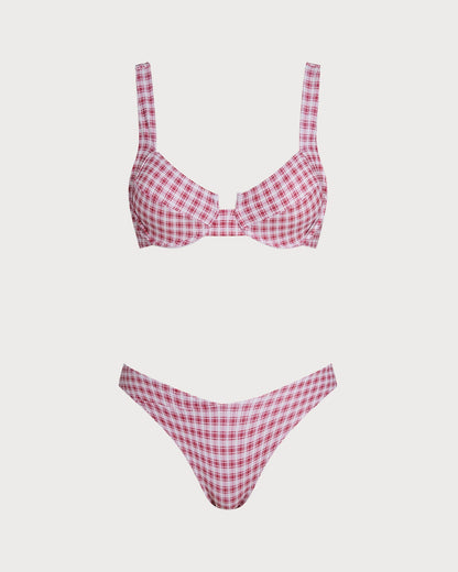 Conjunto de biquíni com aro e estampa xadrez vermelha