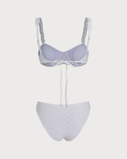 Conjunto de biquíni em jacquard branco com aro e cordão ajustável