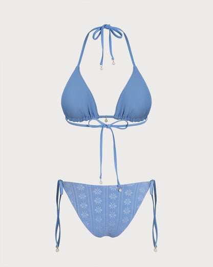 Conjunto de biquíni cortininha reversível com amarração no pescoço — Azul