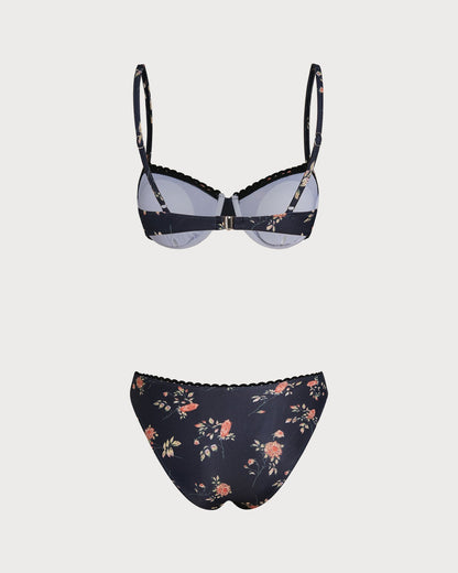 Conjunto de biquíni com aro e estampa floral azul-marinho
