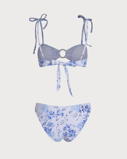 Biquíni triângulo branco com estampa floral e tiras para amarrar