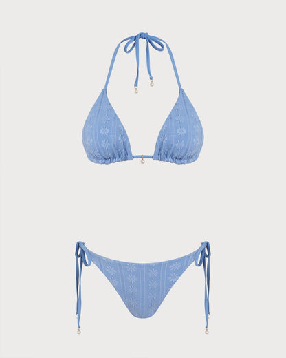 Conjunto de biquíni cortininha reversível com amarração no pescoço — Azul