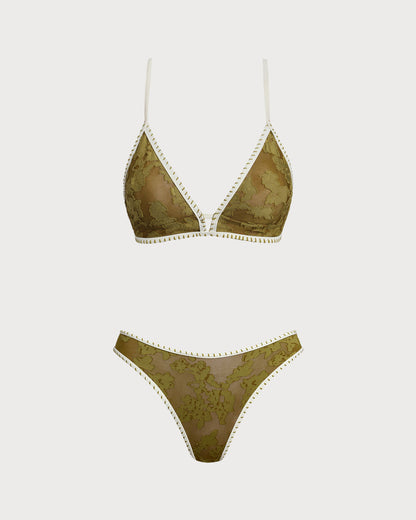 Conjunto de Biquíni Floral Verde com Top Cortininha e Amarração nas Costas