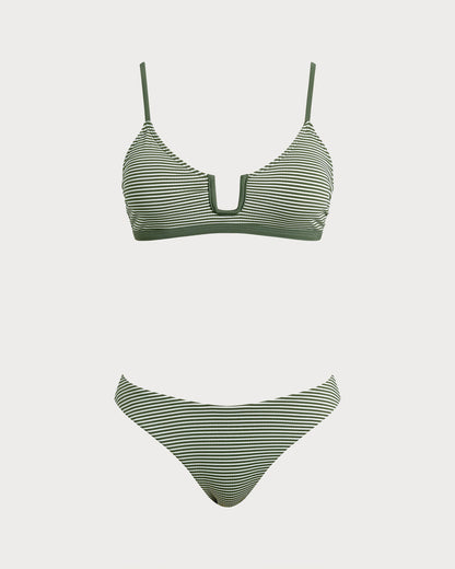 Conjunto de Biquíni Bralette Listrado Verde Militar