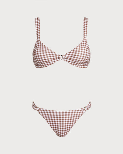 Conjunto de biquíni xadrez café com argola em O