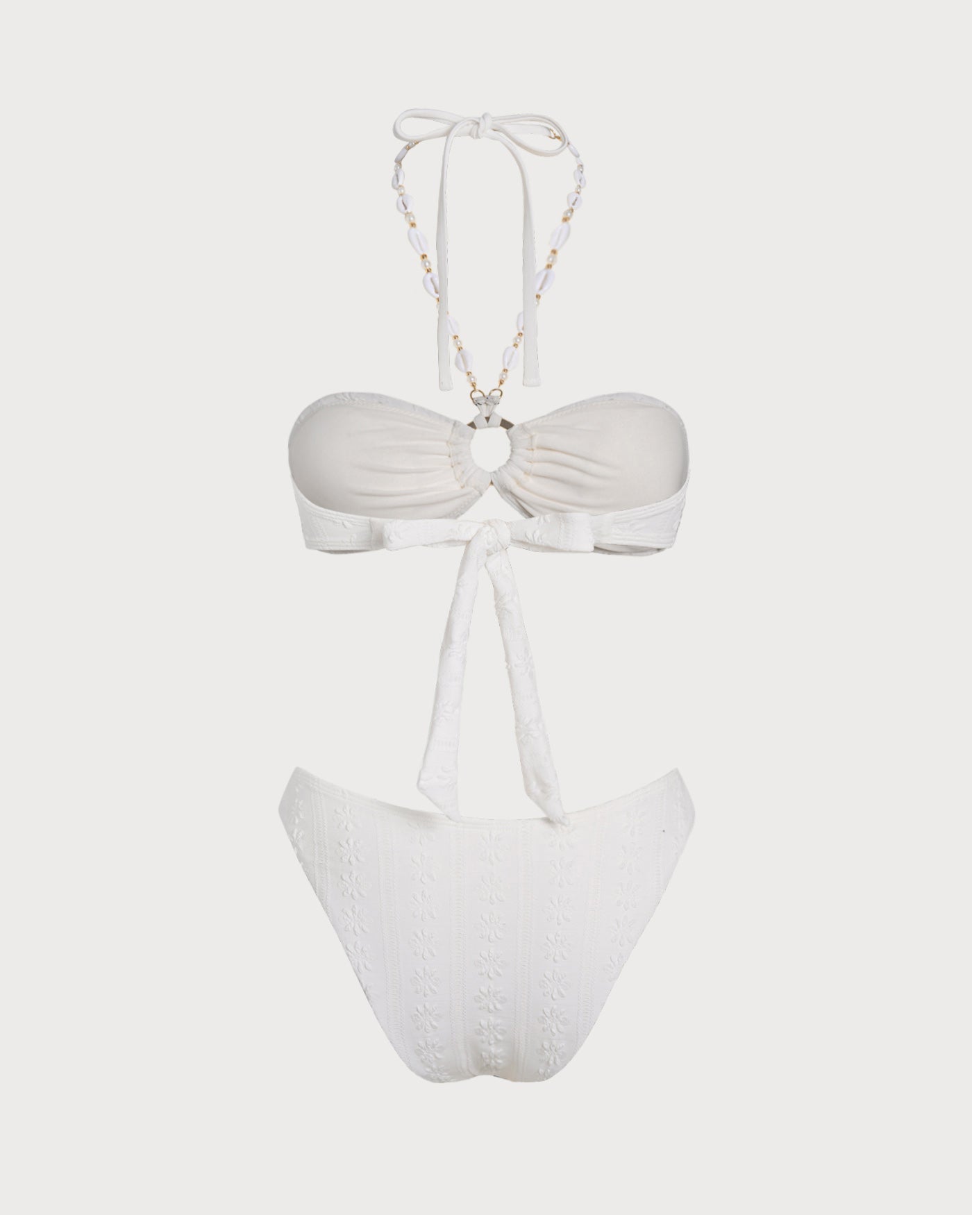 Conjunto de biquíni branco em jacquard com top bandeau e alça halter