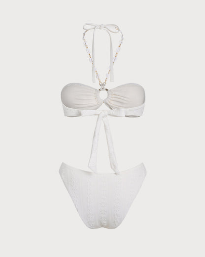Conjunto de biquíni branco em jacquard com top bandeau e alça halter