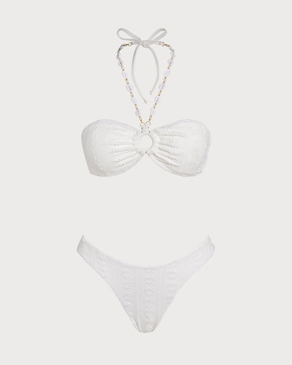 Conjunto de biquíni branco em jacquard com top bandeau e alça halter