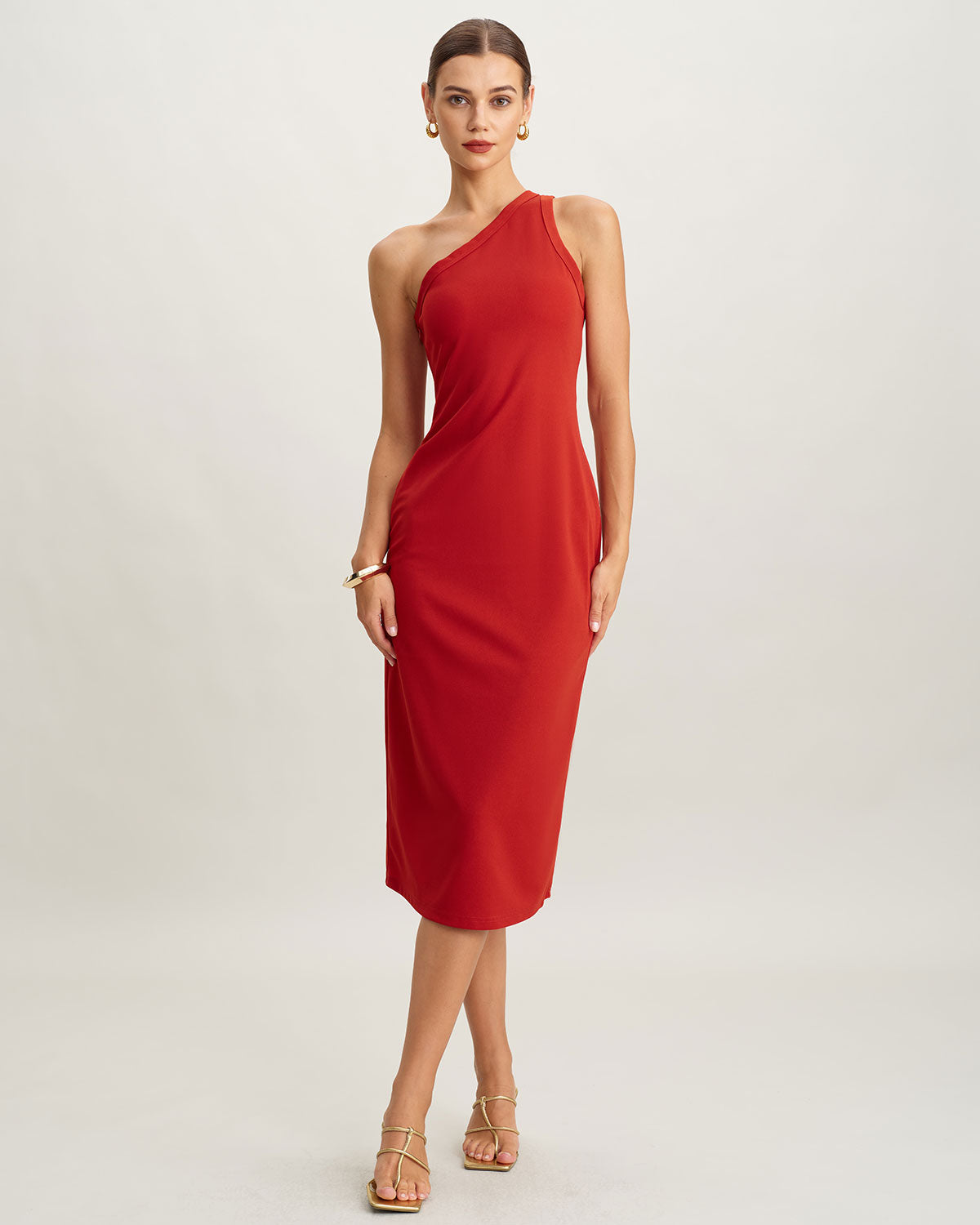 Vestido midi de malha com um ombro só — vermelho