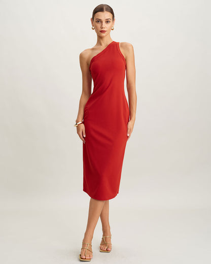Vestido midi de malha com um ombro só — vermelho