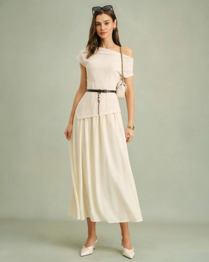 Vestido midi damasco com decote canoa e cinto