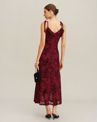 Vestido slip midi floral vermelho com babados