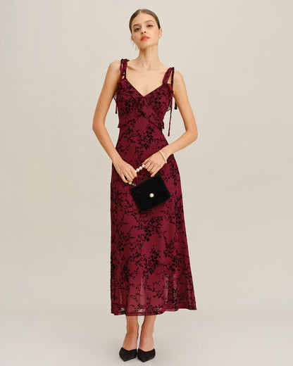 Vestido slip midi floral vermelho com babados