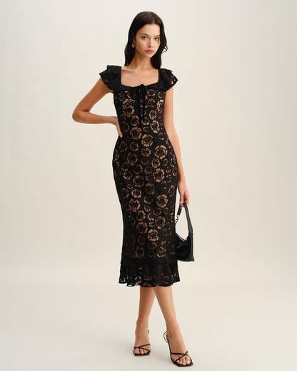 Vestido midi sereia texturizado com babados — Preto