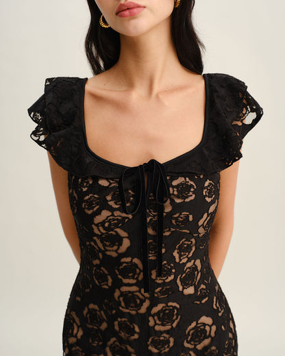 Vestido midi sereia texturizado com babados — Preto