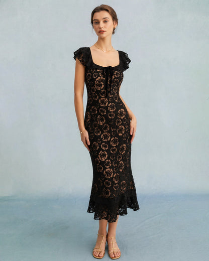 Vestido midi sereia texturizado com babados — Preto