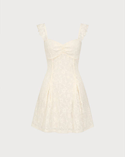 Vestido mini de renda floral com decote coração — Damasco