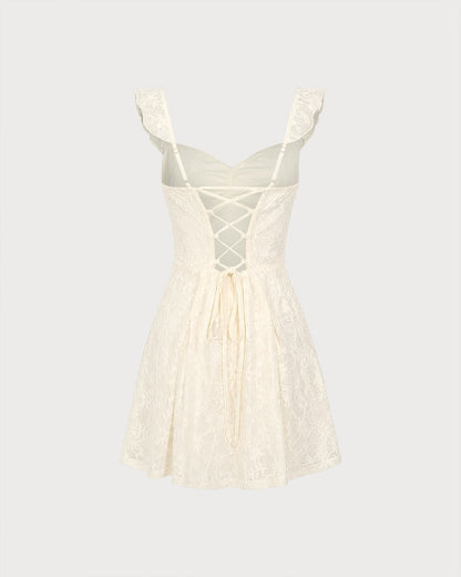 Vestido mini de renda floral com decote coração — Damasco