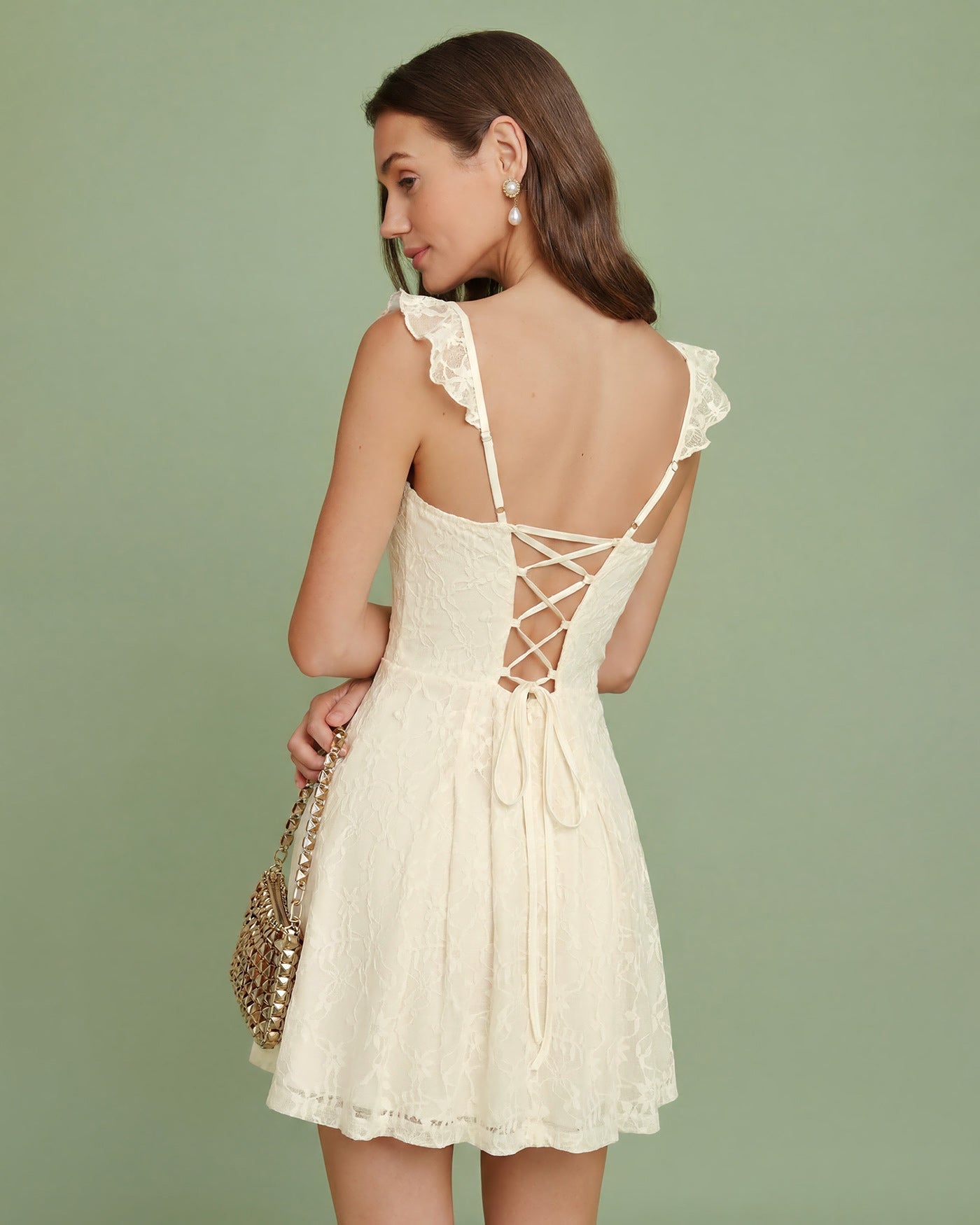 Vestido mini de renda floral com decote coração — Damasco